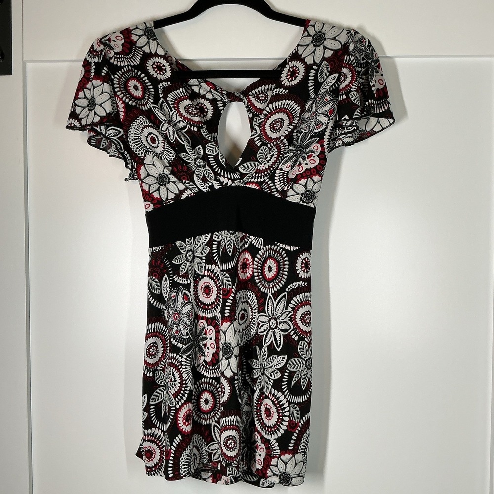 Y2K Wrapper Top Whimsigoth‎ Floral Size Medium Tie Strap Bow Blue Black Blouse